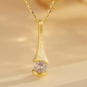 Elegant gold matte finish 925 sterling silver necklace with clear zircon stone pendant