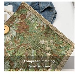 Close-up of floral jacquard tote with natural linen trim and a wooden button detail