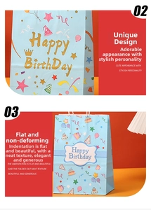 Detail of light blue kraft paper gift bag with colorful Happy Birthday prints and patterns