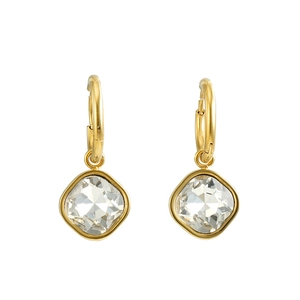 Macro detail of 18K gold-plated geometric earrings with cushion-cut zircon stones