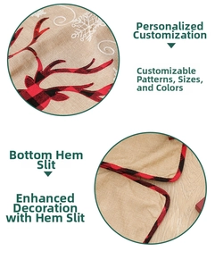 Detailed view of linen Christmas tree skirt with reindeer print and plaid border
