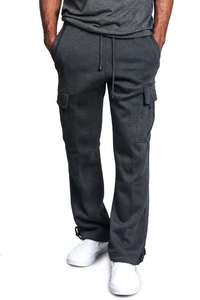 Detail of dark grey cargo sweatpants showing drawstring waistband and side pockets