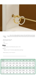 Detailed size chart for S925 sterling silver opal rings with diameter and circumference specs