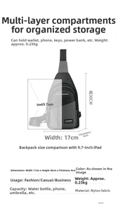 Mens sling bag size 17x30x9cm compared to 9.7 inch iPad for scale and capacity reference
