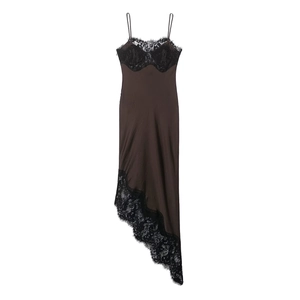 Brown satin camisole dress with black lace trim and asymmetrical hem for women