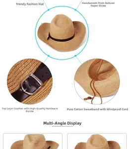 Detail of handmade straw cowboy hat with leather band and adjustable wind rope
