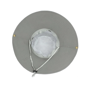 Detail of grey sun hat showing breathable white mesh lining and adjustable chin strap