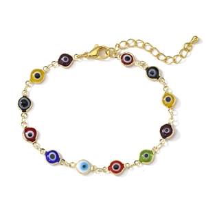 Adjustable gold-plated bracelet with multi-colored enamel evil eye charms and lobster clasp