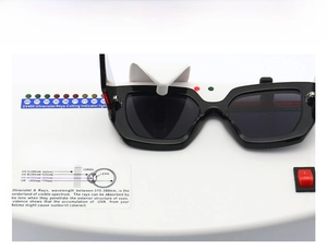 Testing device showing high-quality UV400 protection on black square sunglasses frame