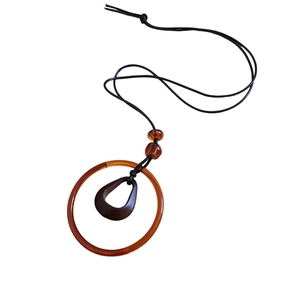 Vintage wax cord necklace with amber resin rings and dark brown wood teardrop pendant