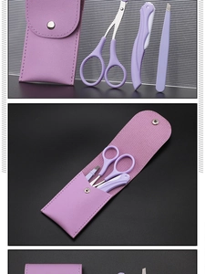Detailed view of the 4-piece purple eyebrow grooming set with leather travel case