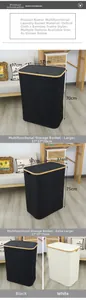 Bamboo frame detail of Oxford cloth laundry hamper with dimensions and lid mechanism