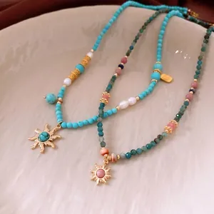 Bohemian beaded sun pendant necklace with natural stones and freshwater pearls