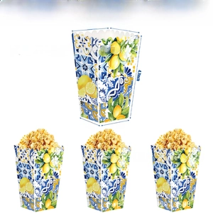 Mediterranean lemon print popcorn boxes showing product dimensions and serving usage