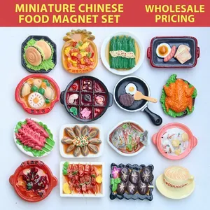 Detailed 16-piece set of 3D Chinese food fridge magnets showing hotpot and roast duck