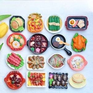 Detailed 16-piece set of 3D Chinese food fridge magnets showing hotpot and roast duck