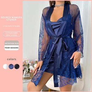 Peignoir En Dentelle Et Nuisette En Satin Pour Femmes Lingerie Sexy Transparente Imitation Satin