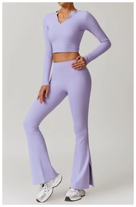 Detail of light purple yoga set with long sleeve crop top and flared leggings