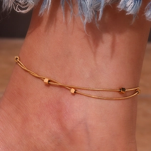 Double-layered gold-plated stainless steel snake chain anklet with small cubic beads