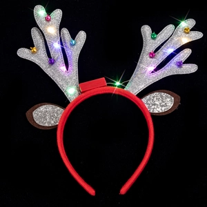 Close-up of LED reindeer headband with silver glitter antlers and colorful mini bells