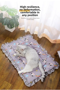 Thickened lavender purple pet mat with cartoon prints showing a cat resting comfortably