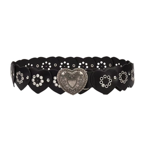Vintage black PU leather belt with heart-shaped metal buckle and cutout grommet details