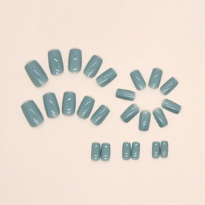 Glossy hazy blue medium-length square press-on nails set with 24 pieces for women