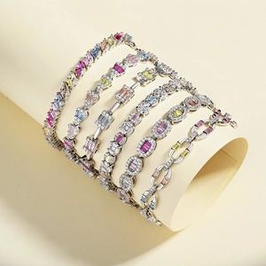 Detail view of S925 silver tennis bracelets with colorful zircon stones in a six-piece set