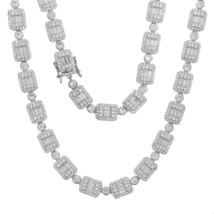 Close-up of 10x8mm rectangular zircon necklace with alternating iced out links and clasp