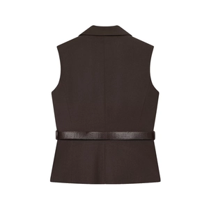 Dark brown sleeveless vest blazer with crocodile texture belt shown from the back view