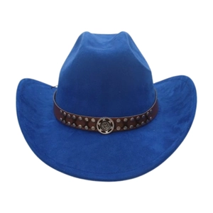 Royal blue cowboy hat detail with studded brown leather band and silver gear emblem