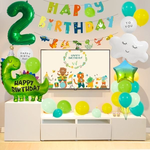 Green dinosaur birthday party decoration set with number 2 balloon and festive banners