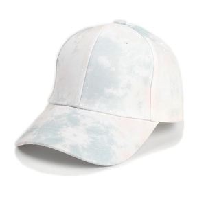 Detail showing high-quality tie-dye gradient cotton fabric and stitching on baseball cap