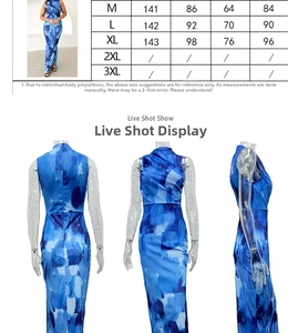 Detailed size chart with measurements for the sleeveless slim fit printed maxi dress