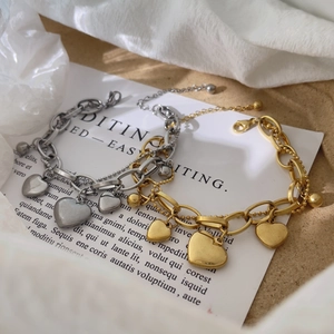 Double-layer stainless steel heart charm bracelets in gold and silver finish for women