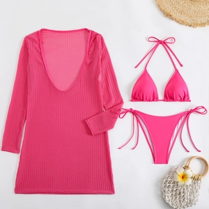 Three-piece hot pink swimsuit set with long sleeve mesh cover-up and side-tie bikini bottom