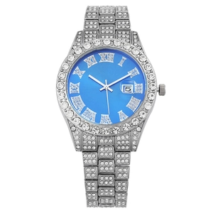 Fashion iced-out women's quartz watch with blue dial and date display in silver finish