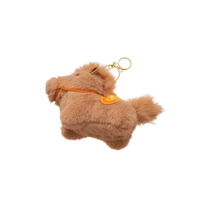 Simpatico portachiavi a forma di pony in peluche marrone con sella arancione e gancio dorato