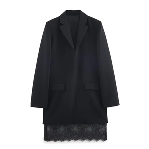 Women Blazer Dress Lace Stitching Long Sleeve V Neck Elegant Business Party Formal Solid Black Midi Dress