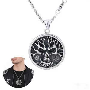Collana Con Ciondolo Tondo Albero Della Vita Teschio Acciaio Inossidabile Gotico Punk Hip Hop Per Uomo Donna