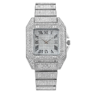 Luxury silver square calendar watch with full diamond setting and Roman numerals