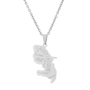 Close-up of silver Martinique map pendant necklace with detailed engraved island names