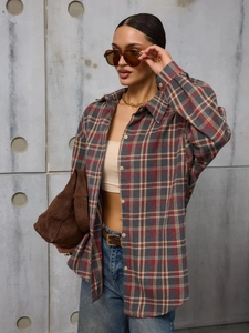 Plaid long sleeve lapel shirt jacket with vintage red and blue check pattern for women