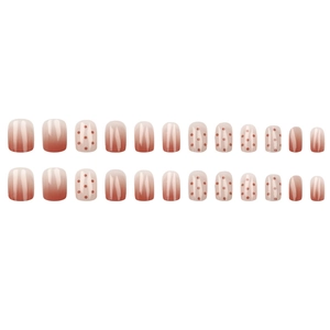 Sweet pink gradient press-on nails with red polka dot design, short square shape 24pcs set