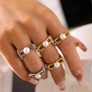 Square hollow ring with inlaid pearl in gold and silver finish for women