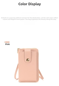 Detailed macro view of the pink lychee leather texture and metallic buckle on phone bag