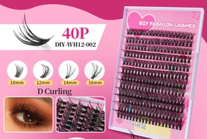Detail view of 40P DIY cluster lashes with D curl in mixed lengths 10mm to 16mm
