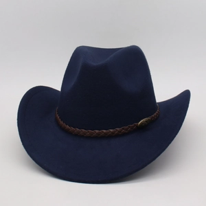 Navy blue wool felt western cowboy hat with brown braided band and vintage metal emblem