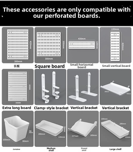 Detailed specs of white pegboard panels and accessories with precise measurements