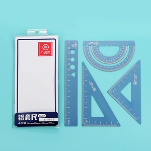 Detailed set of blue aluminum alloy geometry tools including ruler and protractor